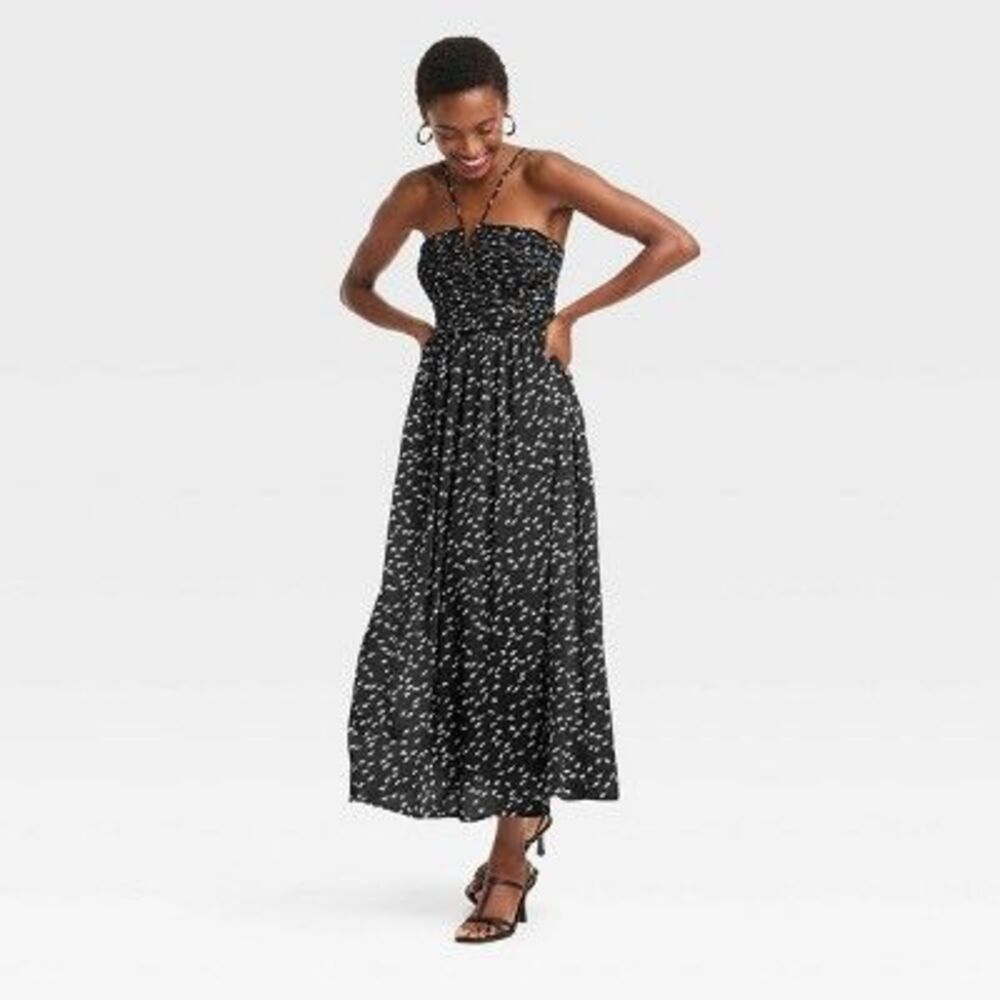 a new day Black Smocked Strapless Maxi Dress with White Dot Print